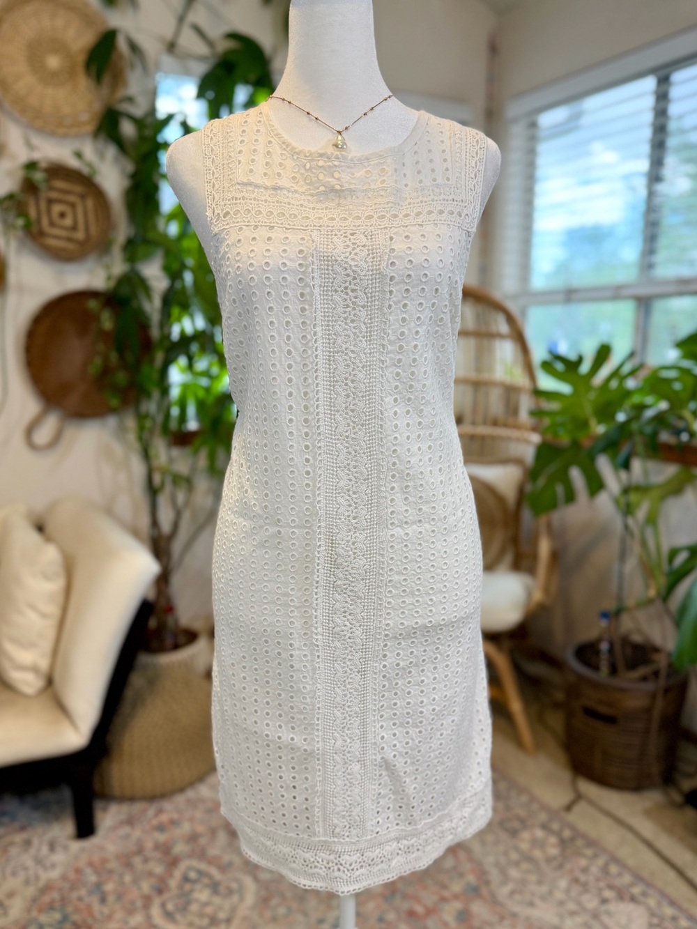 100% Cotton White Eyelet Sundress Romantic Sorority Rush Dress Knee Length - Picture 3 of 9